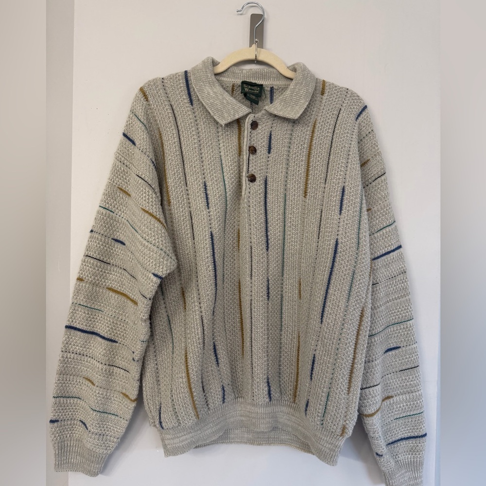 Vintage Scandia Woods Men’s Medium Quarter Button Up Collared Striped Sweater